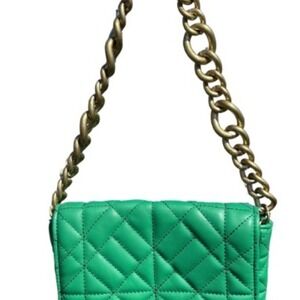 Zara Green Quilted Shoulder Bag with Gold Chain